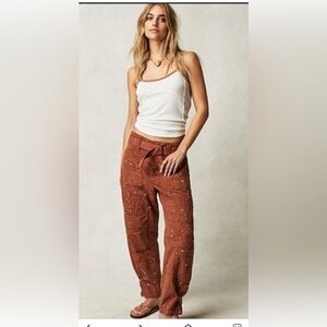 Free People Painter Pants Splatter Adjustable Belt Slouchy Banded Hemline Brown